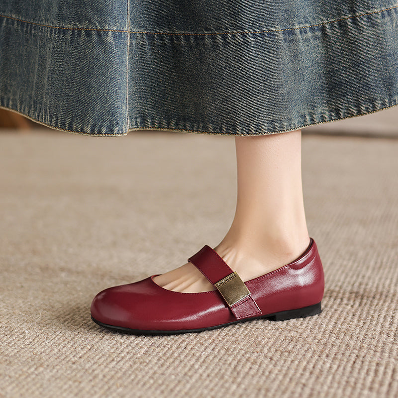 Women's Minimalist Soft Leather Flats - Round Toe Mary Janes with Velcro Strap
