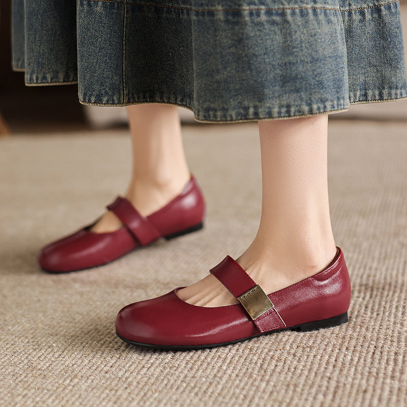 Women's Minimalist Soft Leather Flats - Round Toe Mary Janes with Velcro Strap