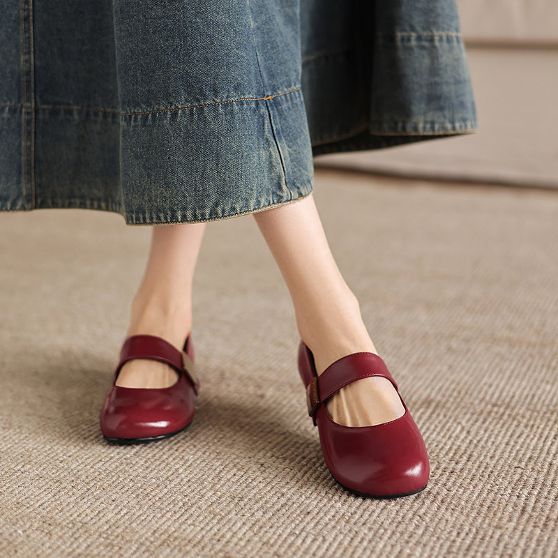 Women's Minimalist Soft Leather Flats - Round Toe Mary Janes with Velcro Strap
