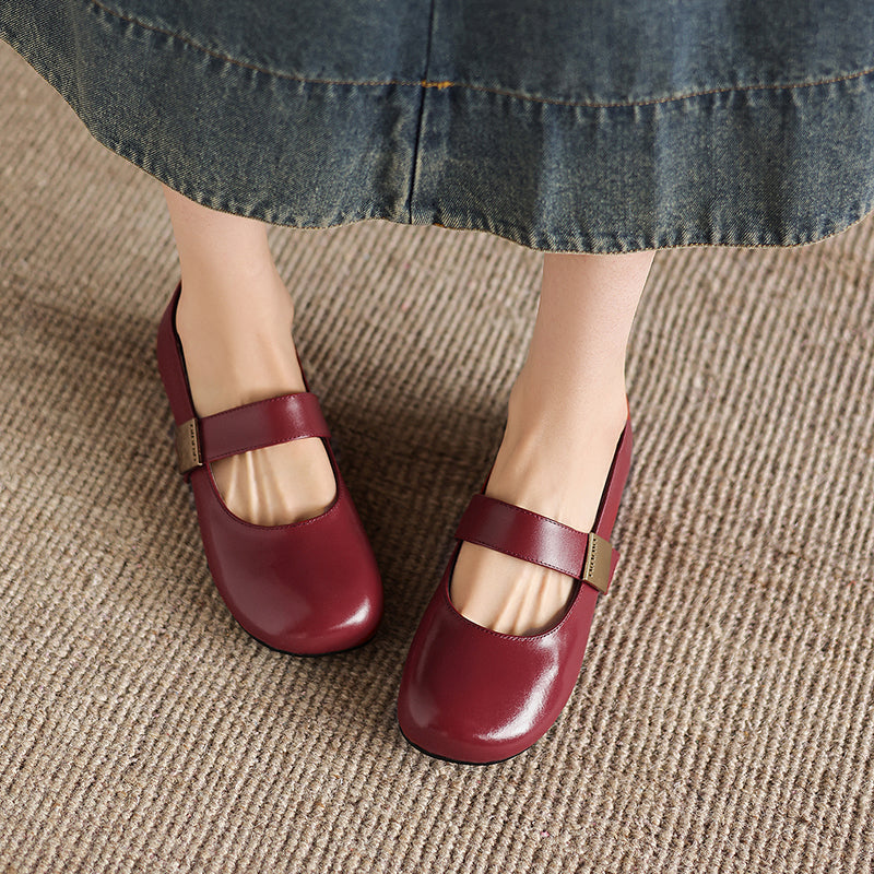 Women's Minimalist Soft Leather Flats - Round Toe Mary Janes with Velcro Strap