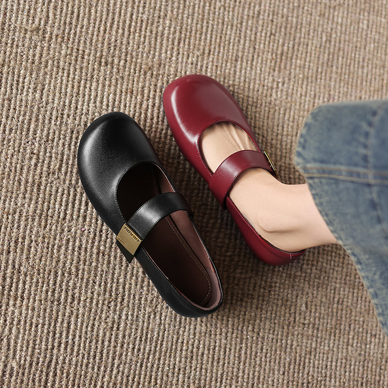 Women's Minimalist Soft Leather Flats - Round Toe Mary Janes with Velcro Strap