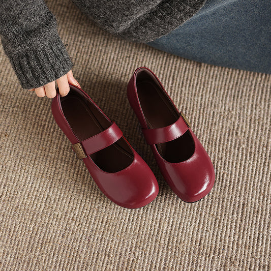 Women's Minimalist Soft Leather Flats - Round Toe Mary Janes with Velcro Strap