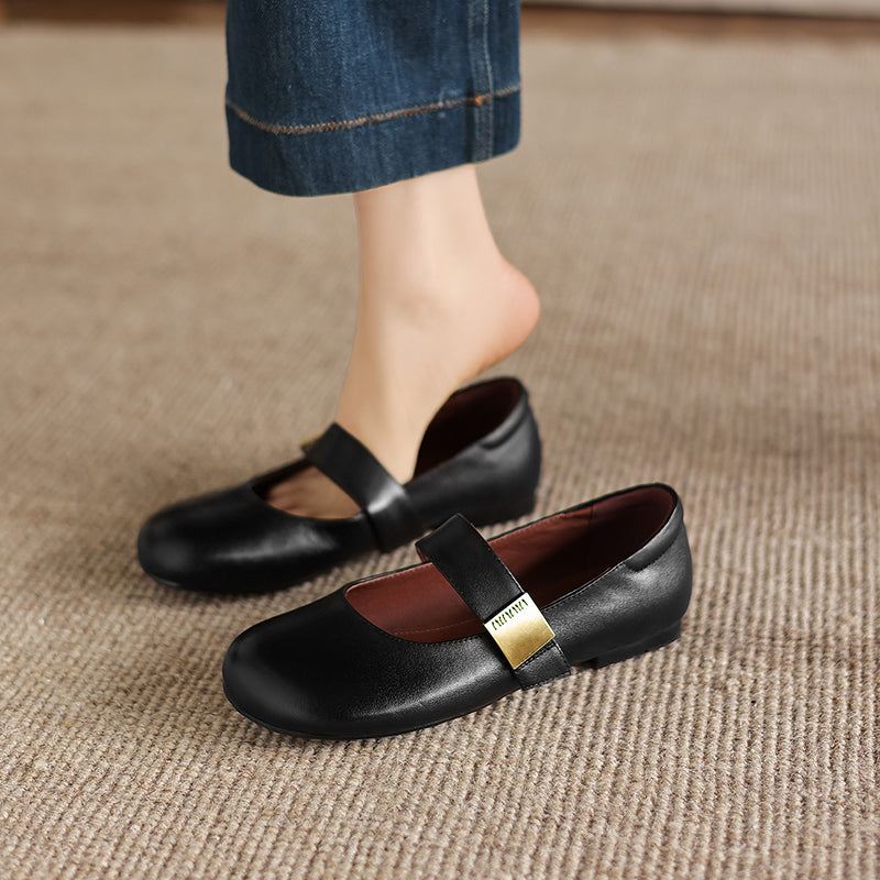 Women's Minimalist Soft Leather Flats - Round Toe Mary Janes with Velcro Strap