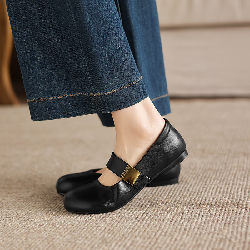 Women's Minimalist Soft Leather Flats - Round Toe Mary Janes with Velcro Strap