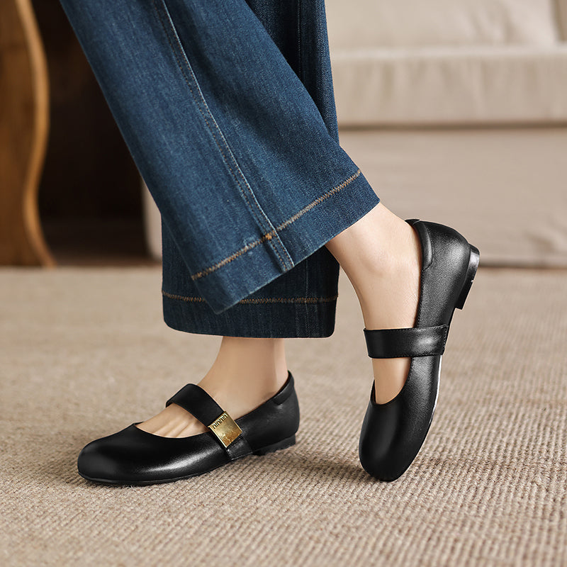 Women's Minimalist Soft Leather Flats - Round Toe Mary Janes with Velcro Strap