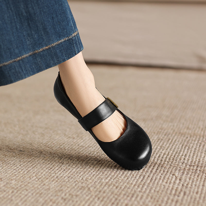 Women's Minimalist Soft Leather Flats - Round Toe Mary Janes with Velcro Strap