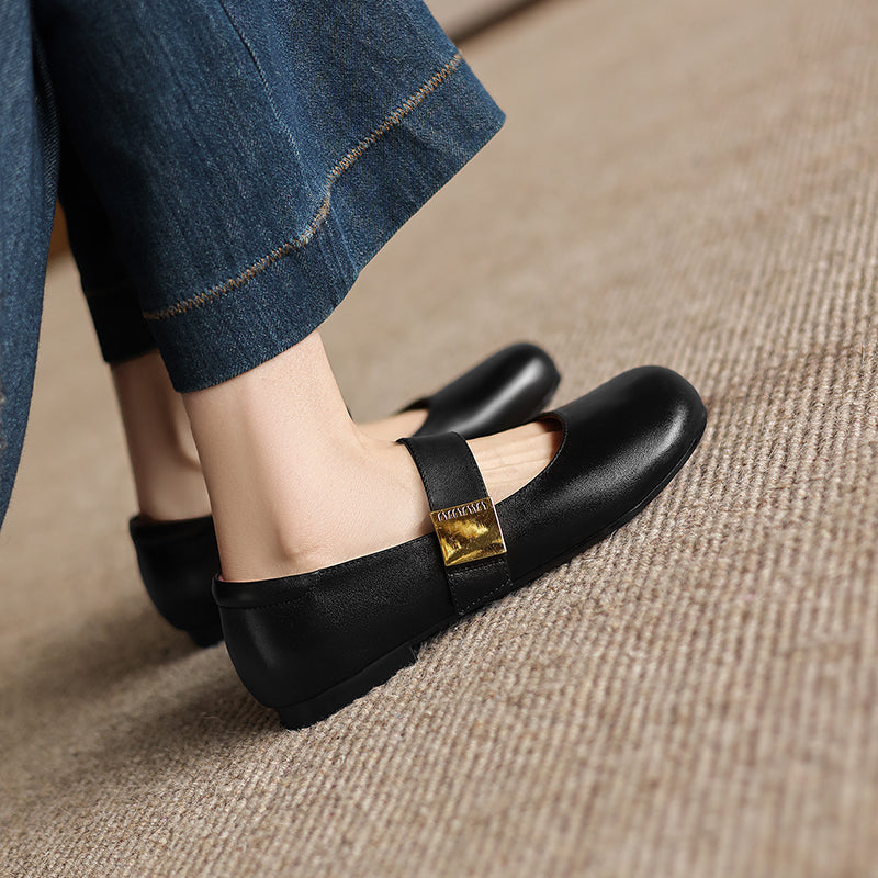 Women's Minimalist Soft Leather Flats - Round Toe Mary Janes with Velcro Strap