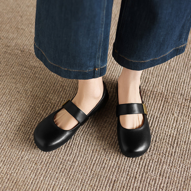 Women's Minimalist Soft Leather Flats - Round Toe Mary Janes with Velcro Strap