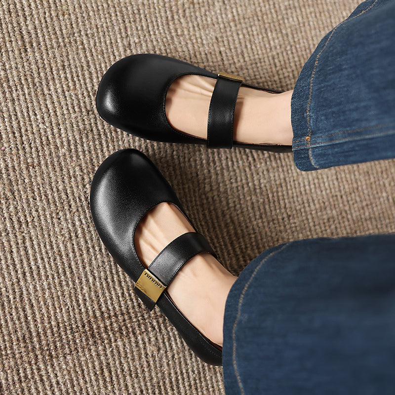 Women's Minimalist Soft Leather Flats - Round Toe Mary Janes with Velcro Strap