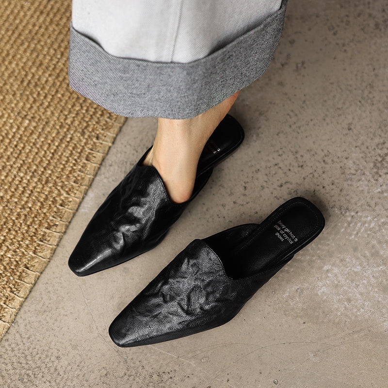 Women's Pointed Toe Ruched Leather Mules Vintage Low Kitten Heel Slip-on Slides
