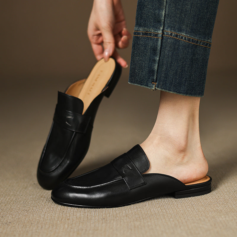 Women's Leather Loafer Mules Handcrafted Summer Classic Round Toe Comfort Flats