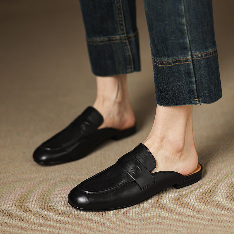 Women's Leather Loafer Mules Handcrafted Summer Classic Round Toe Comfort Flats