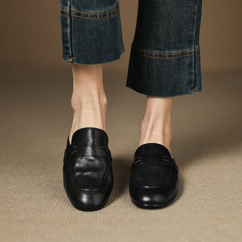 Women's Leather Loafer Mules Handcrafted Summer Classic Round Toe Comfort Flats