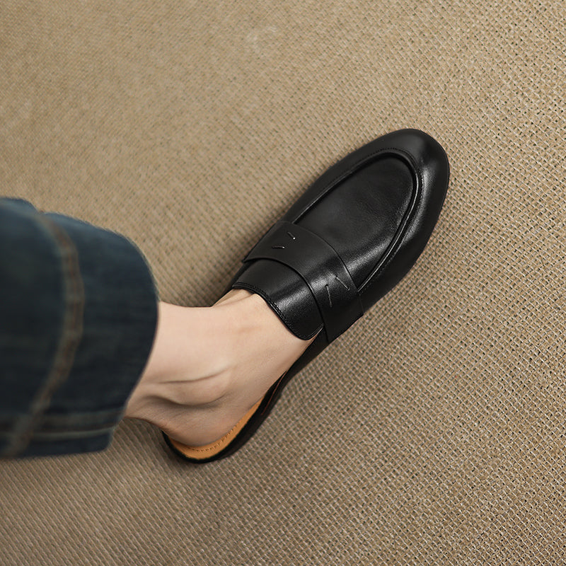Women's Leather Loafer Mules Handcrafted Summer Classic Round Toe Comfort Flats