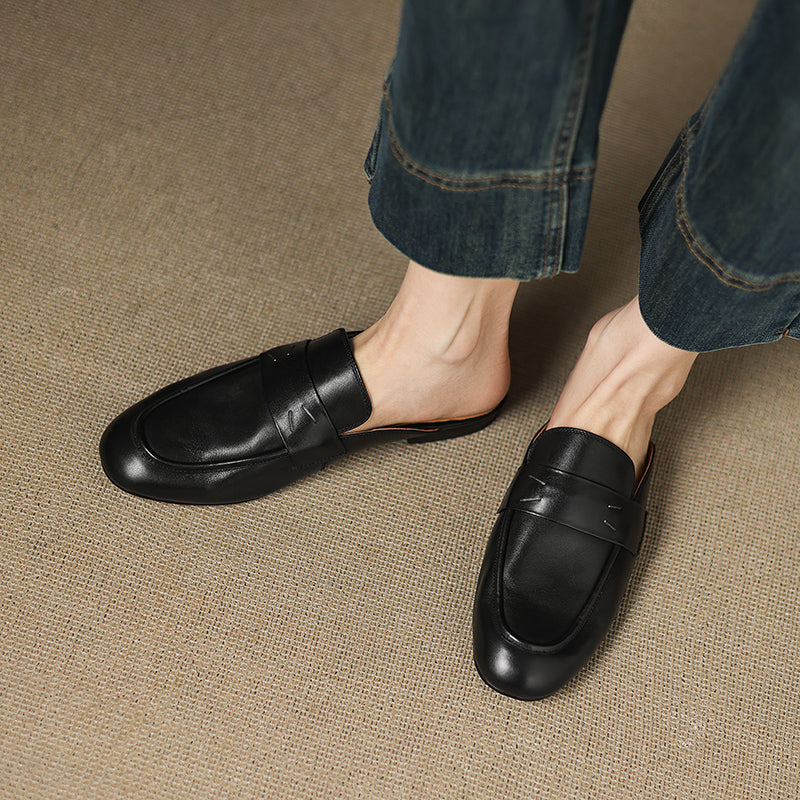 Women's Leather Loafer Mules Handcrafted Summer Classic Round Toe Comfort Flats
