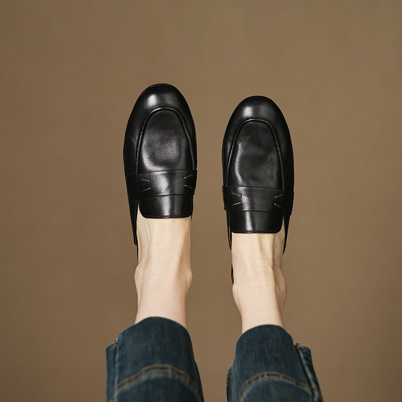 Women's Leather Loafer Mules Handcrafted Summer Classic Round Toe Comfort Flats