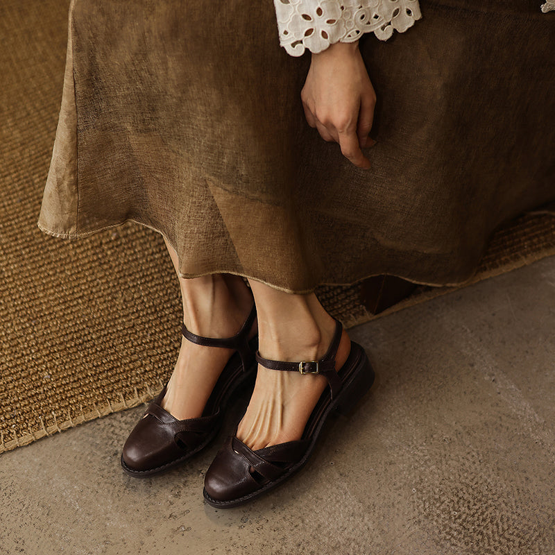 Women's Artisanal Round Toe Leather Sandals - Perforated Cowhide Summer Shoes