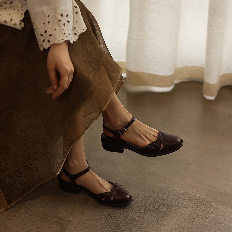 Women's Artisanal Round Toe Leather Sandals - Perforated Cowhide Summer Shoes
