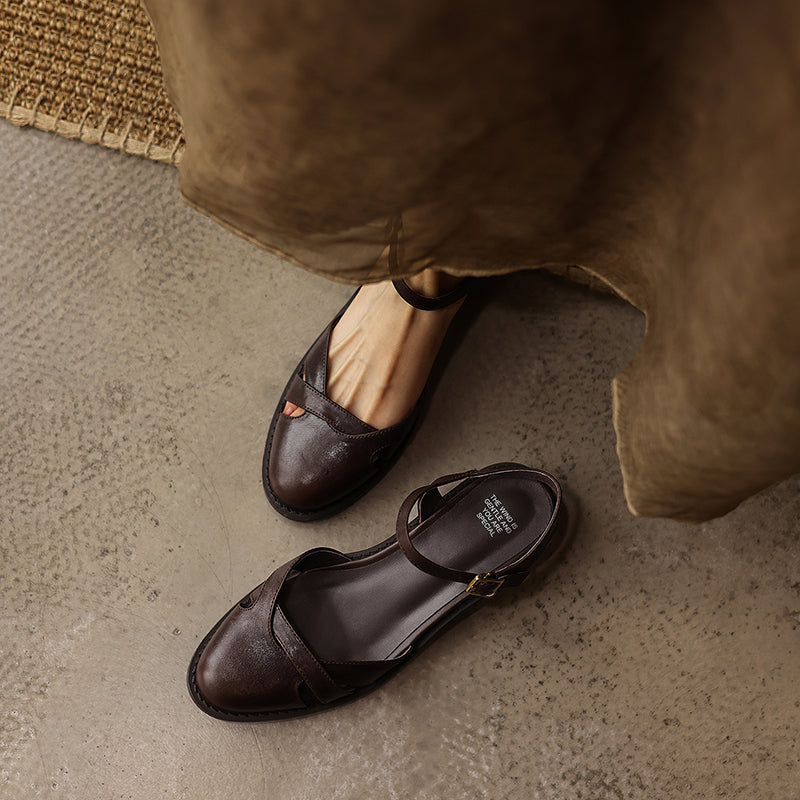 Women's Artisanal Round Toe Leather Sandals - Perforated Cowhide Summer Shoes