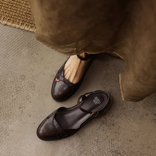 Women's Artisanal Round Toe Leather Sandals - Perforated Cowhide Summer Shoes