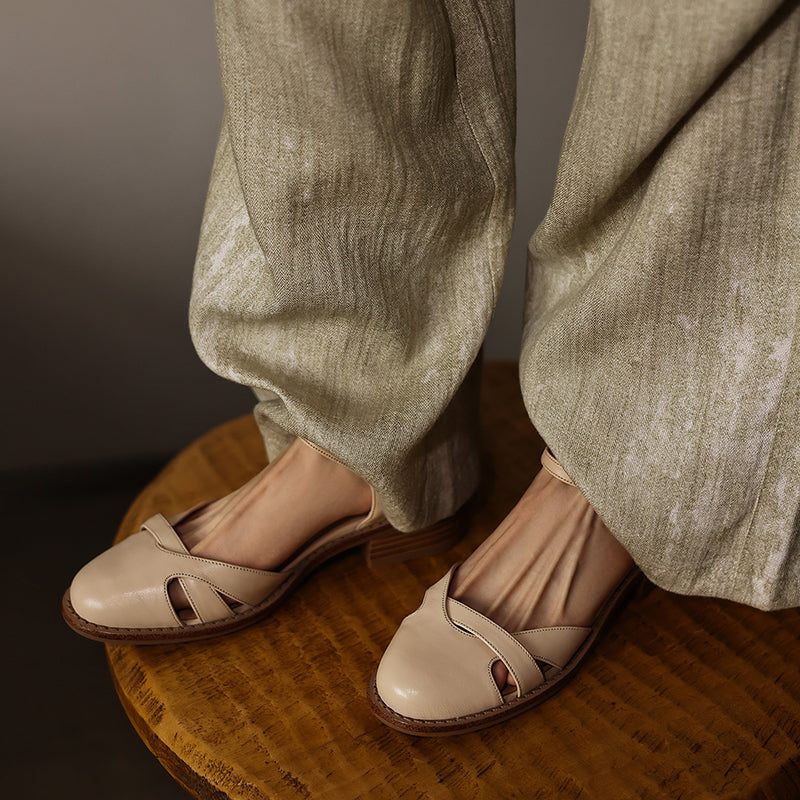 Women's Artisanal Round Toe Leather Sandals - Perforated Cowhide Summer Shoes