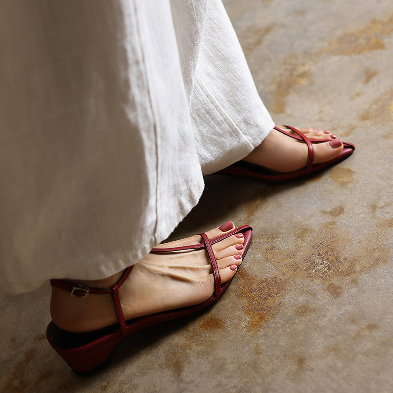Women's Pointed Toe Strappy Sandals Vintage Kitten Heel T-Strap Buckle Shoes