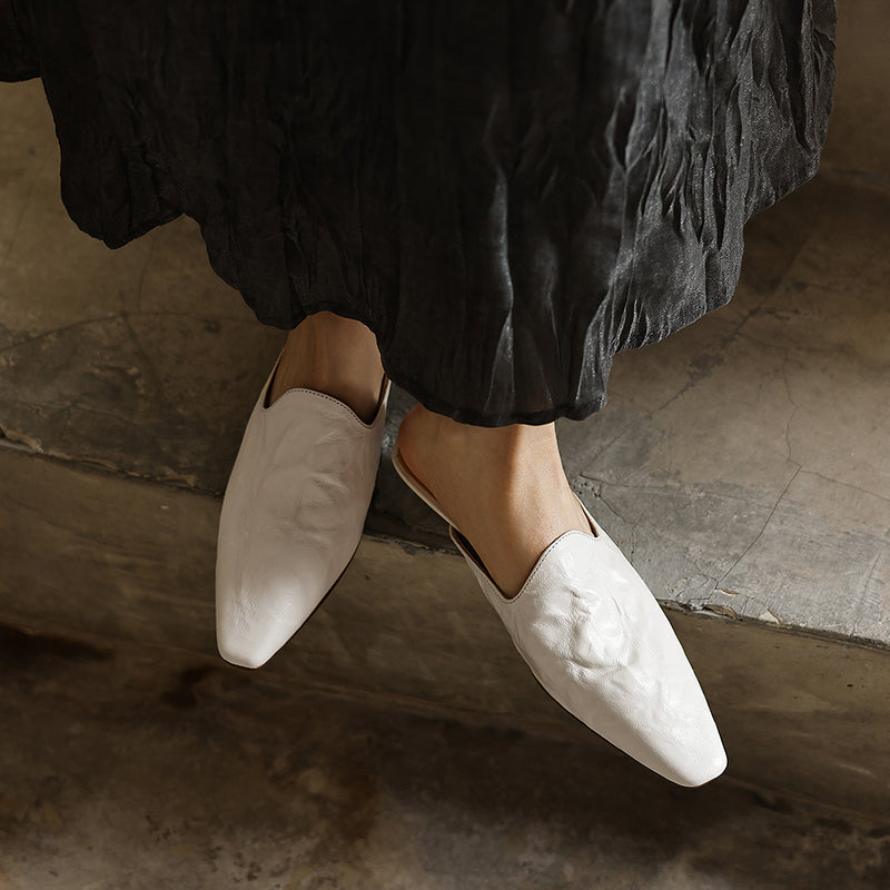 Women's Pointed Toe Ruched Leather Mules Vintage Low Kitten Heel Slip-on Slides