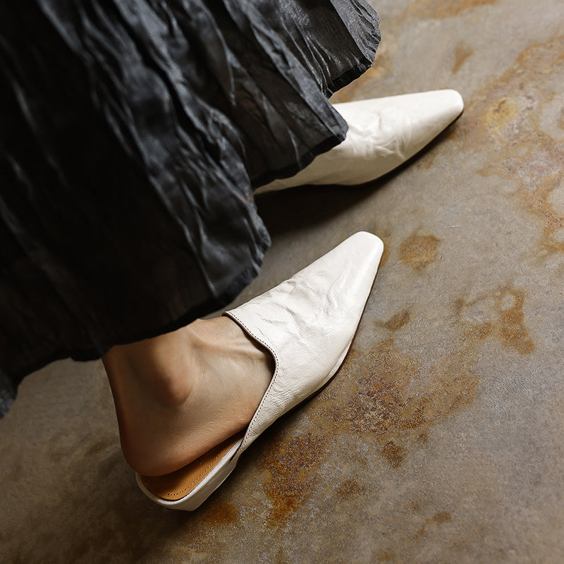 Women's Pointed Toe Ruched Leather Mules Vintage Low Kitten Heel Slip-on Slides