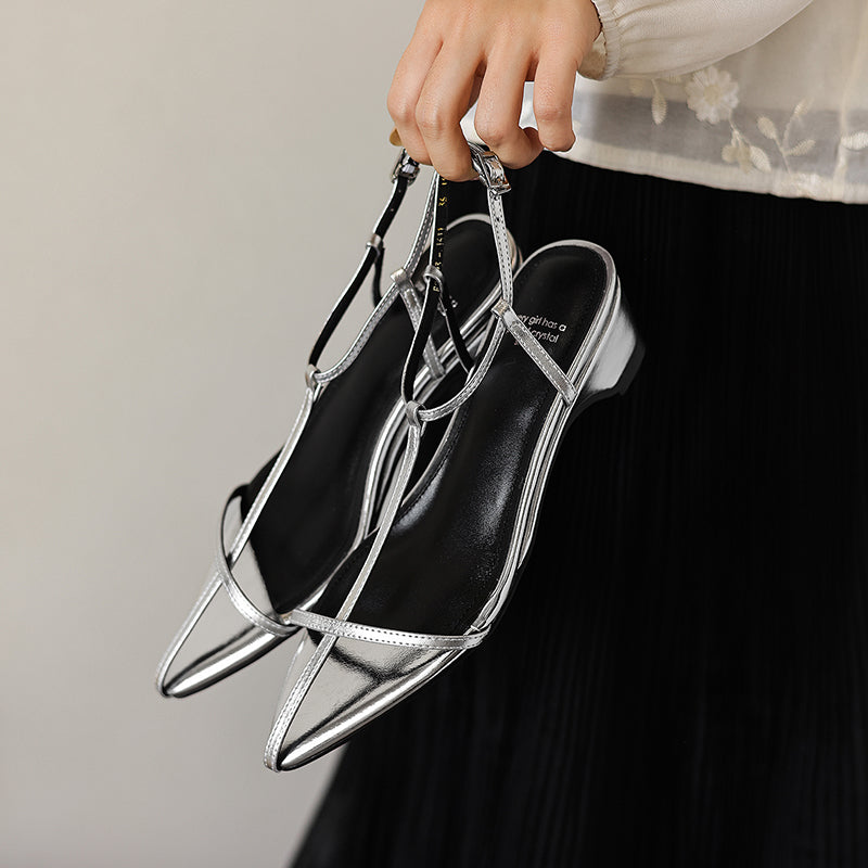 Women's Pointed Toe Strappy Sandals Vintage Kitten Heel T-Strap Buckle Shoes