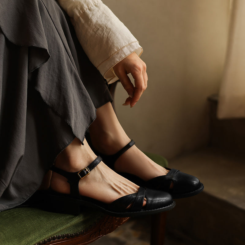 Women's Artisanal Round Toe Leather Sandals - Perforated Cowhide Summer Shoes