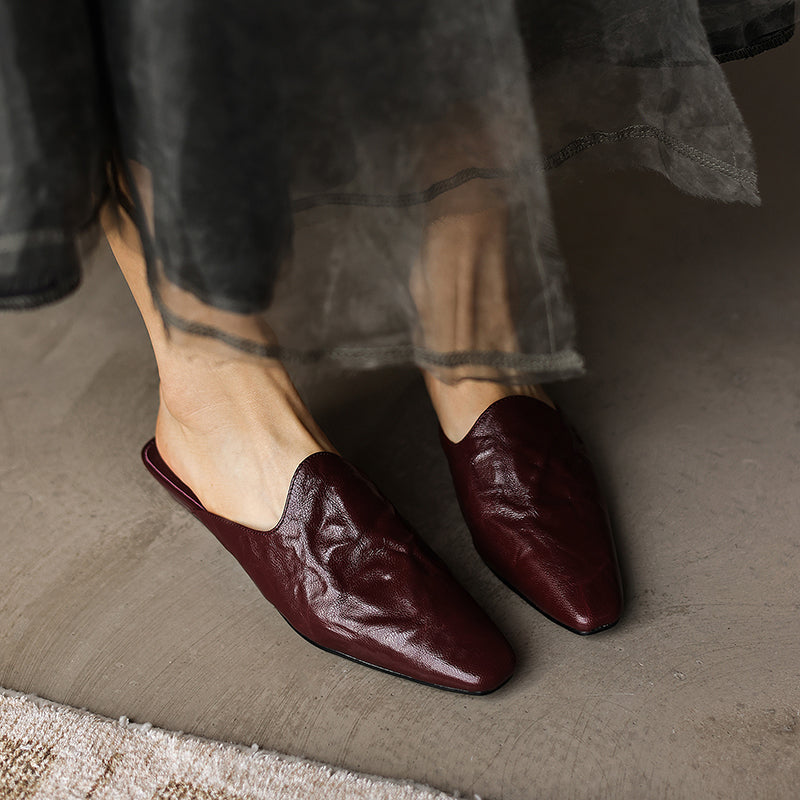 Women's Pointed Toe Ruched Leather Mules Vintage Low Kitten Heel Slip-on Slides