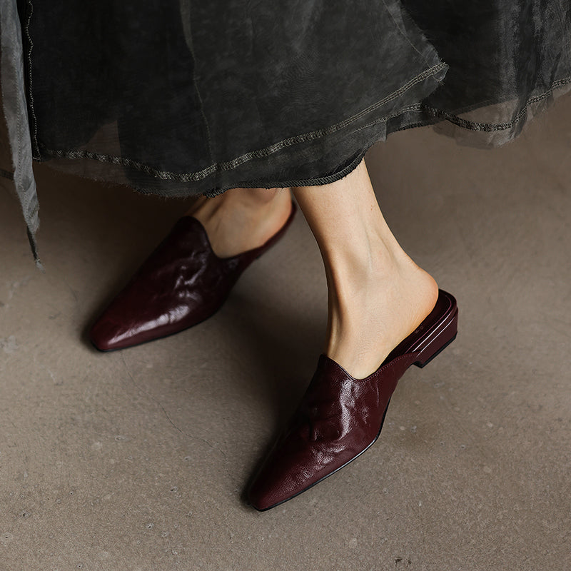 Women's Pointed Toe Ruched Leather Mules Vintage Low Kitten Heel Slip-on Slides