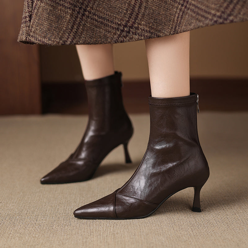 Women's Stretch Leather Ankle Boots Pointed Toe Kitten Stiletto High Heel Sock Booties