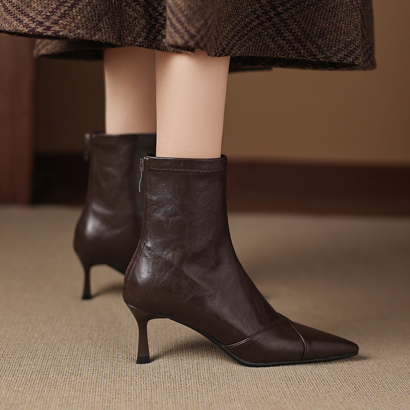 Women's Stretch Leather Ankle Boots Pointed Toe Kitten Stiletto High Heel Sock Booties