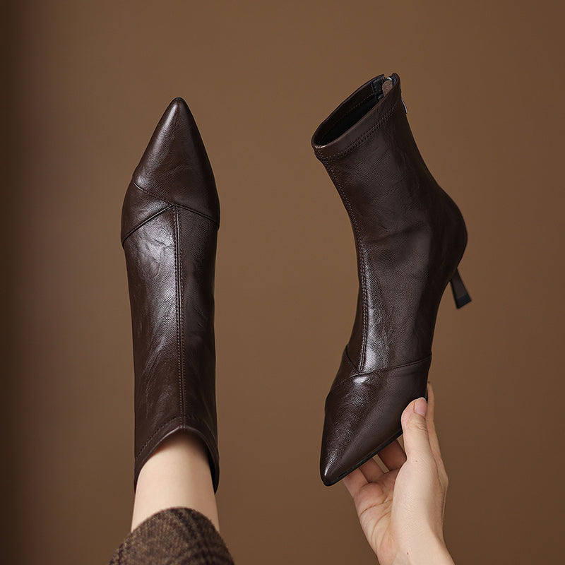Women's Stretch Leather Ankle Boots Pointed Toe Kitten Stiletto High Heel Sock Booties