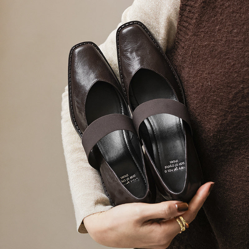 Women’s Sheepskin Square Toe Block Heel Shoes – Elastic Strap Mid Heel Pumps
