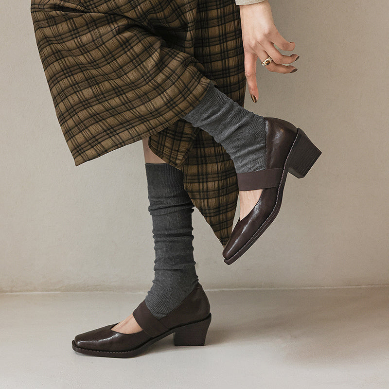 Women’s Sheepskin Square Toe Block Heel Shoes – Elastic Strap Mid Heel Pumps
