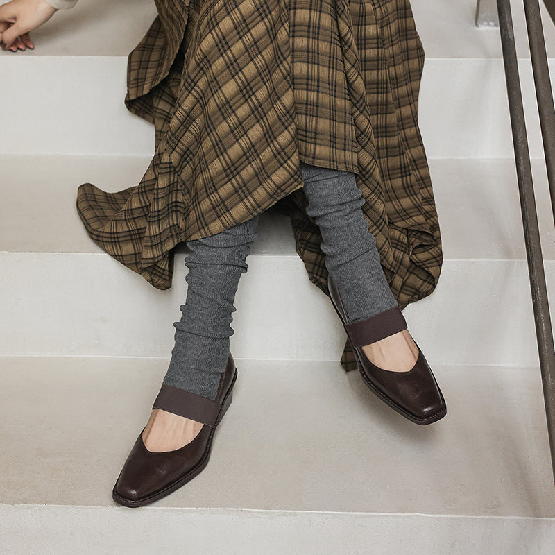 Women’s Sheepskin Square Toe Block Heel Shoes – Elastic Strap Mid Heel Pumps
