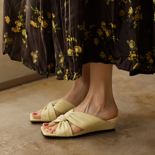 Ultra-Soft All-Sheepskin Summer Slides - Comfortable Wedge Sandals with Twisted Knot
