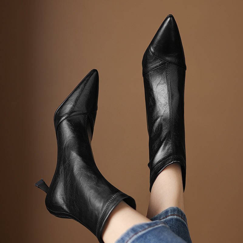 Women's Stretch Leather Ankle Boots Pointed Toe Kitten Stiletto High Heel Sock Booties