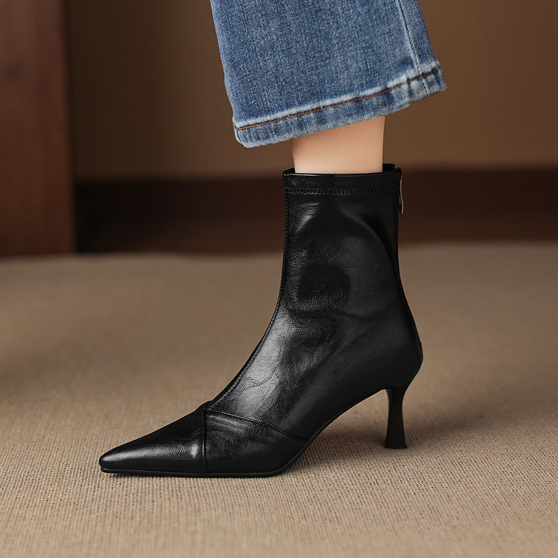 Women's Stretch Leather Ankle Boots Pointed Toe Kitten Stiletto High Heel Sock Booties