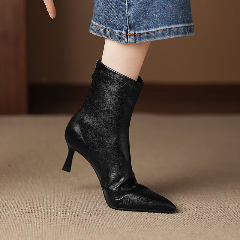 Women's Stretch Leather Ankle Boots Pointed Toe Kitten Stiletto High Heel Sock Booties