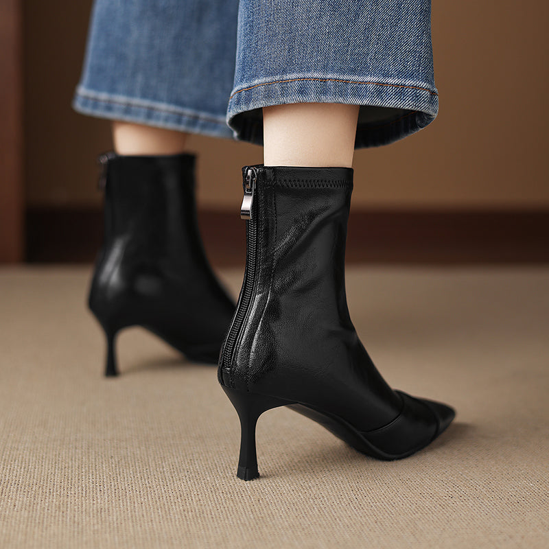 Women's Stretch Leather Ankle Boots Pointed Toe Kitten Stiletto High Heel Sock Booties