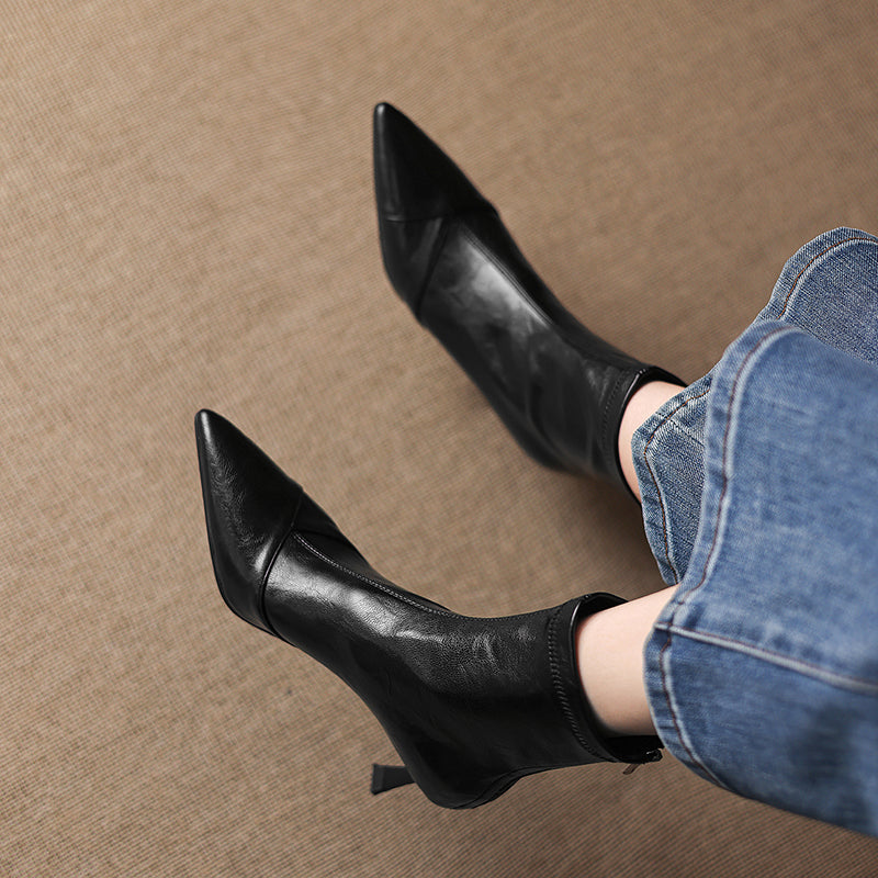 Women's Stretch Leather Ankle Boots Pointed Toe Kitten Stiletto High Heel Sock Booties