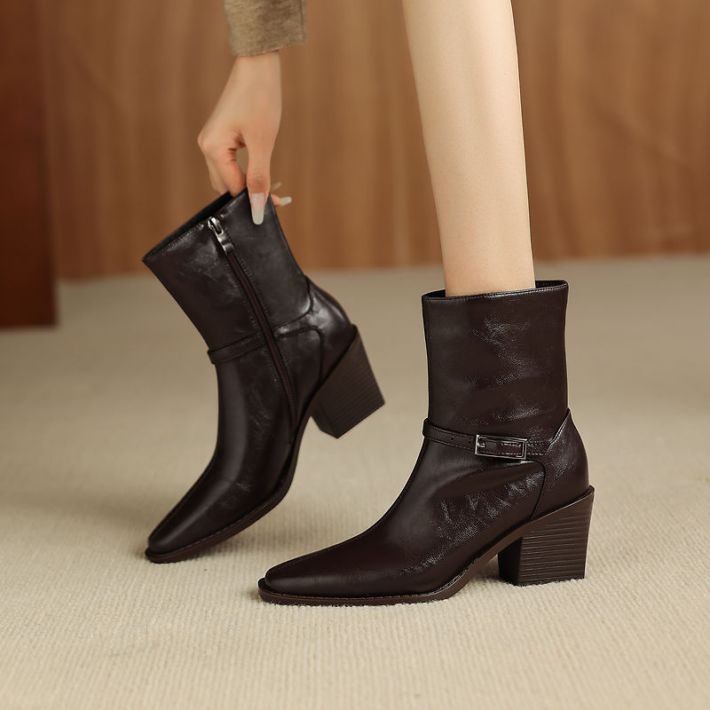 Women's Retro Cowhide Ankle Boots Square Toe Buckle Strap Chunky High Heel Zipper Booties