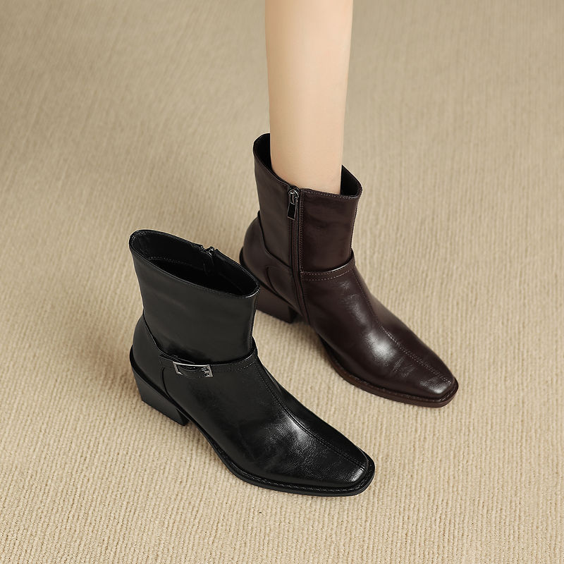 Women's Retro Cowhide Ankle Boots Square Toe Buckle Strap Chunky High Heel Zipper Booties