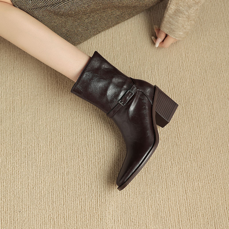 Women's Retro Cowhide Ankle Boots Square Toe Buckle Strap Chunky High Heel Zipper Booties