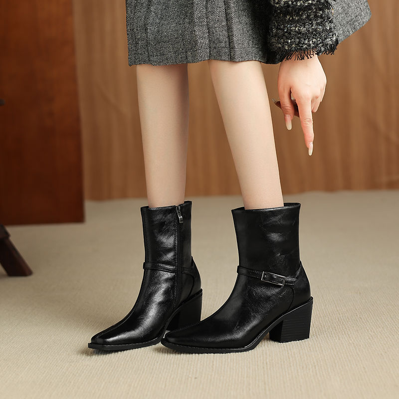 Women's Retro Cowhide Ankle Boots Square Toe Buckle Strap Chunky High Heel Zipper Booties
