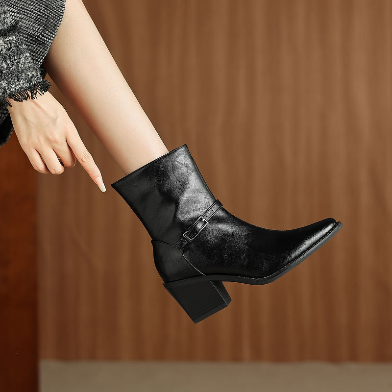 Women's Retro Cowhide Ankle Boots Square Toe Buckle Strap Chunky High Heel Zipper Booties