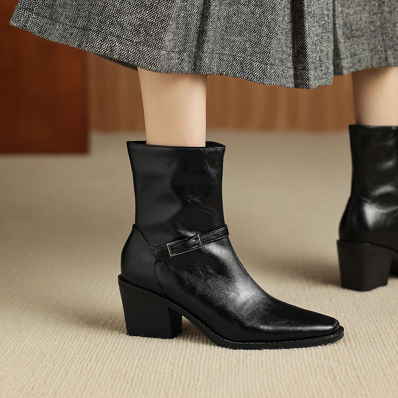 Women's Retro Cowhide Ankle Boots Square Toe Buckle Strap Chunky High Heel Zipper Booties